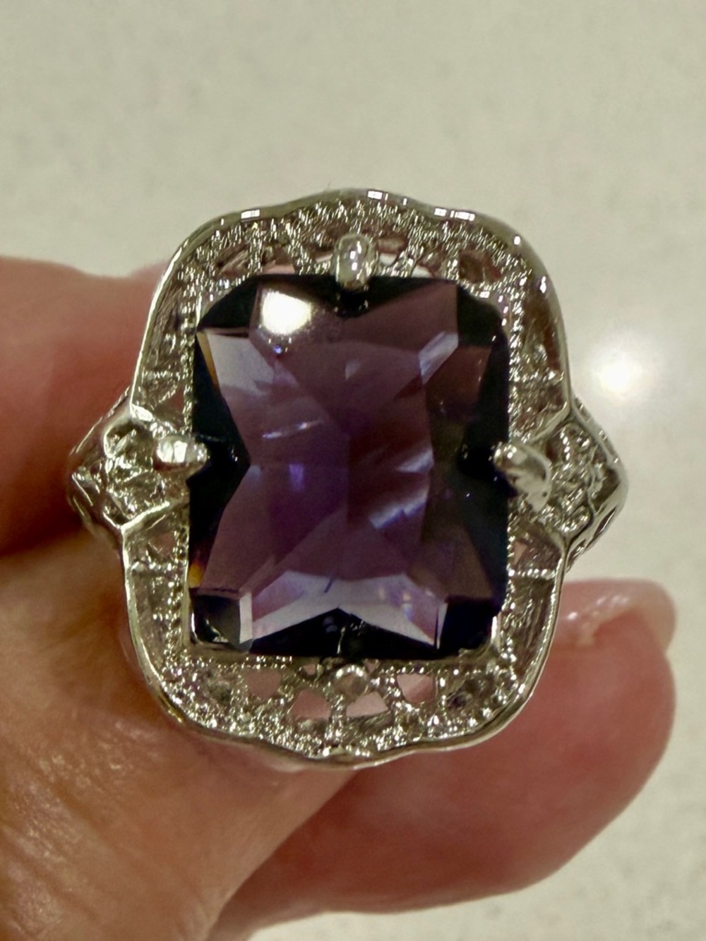 Purple Cabochon Art Deco Filigree Ring